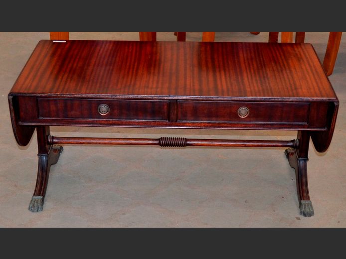 SAPELE MAHOGANY DROP-LEAF COFFEE TABLE WITH DRAWERS, 149 x 50 x 45cm