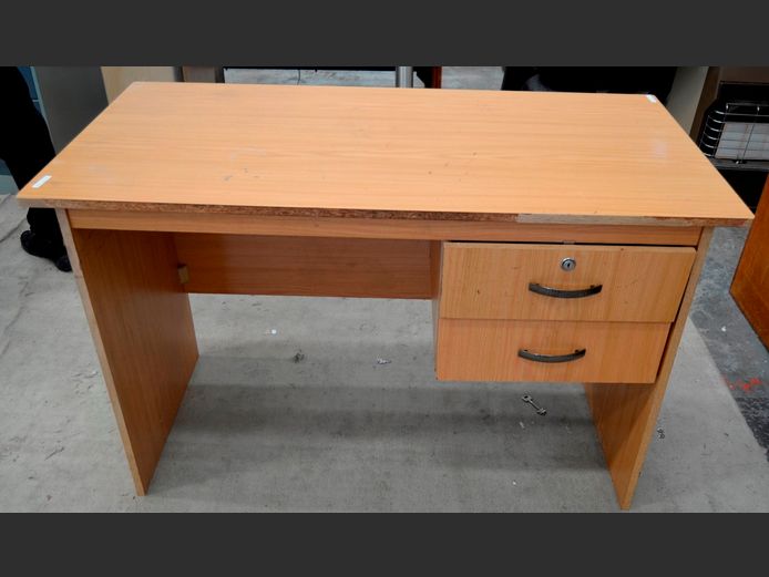OAK FOIL 2-DRAWER DESK, 120 x 60 x 74cm [Drawers need keys, edging needed in places]