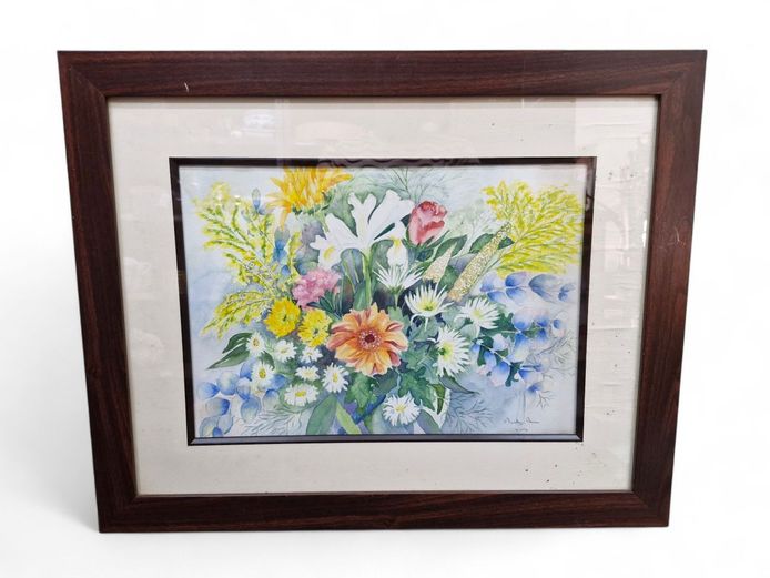 Vintage Framed Floral Bouquet Watercolor Painting