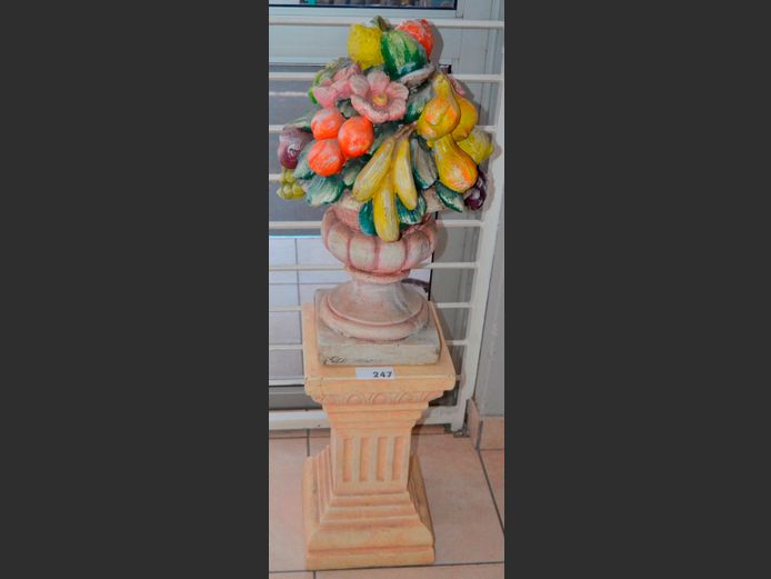 CONCRETE FRUIT ARRANGEMENT ON PLINTH, 110cm High together