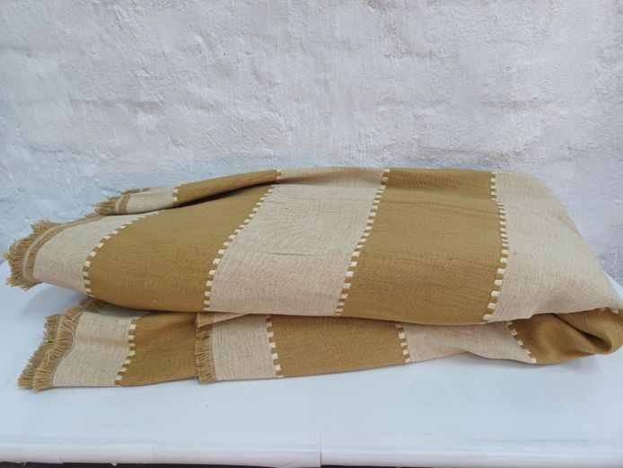 Large Vintage-Style Striped Fabric Piece with Fringed Edges