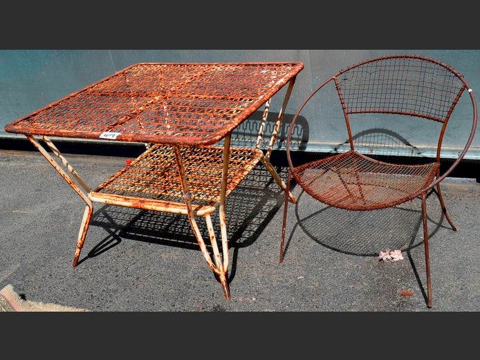 METAL TABLE, 96 x 96 x 76cm, & CHAIR [Rusted]