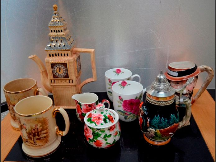 WILLIAM JAMES "VICTORIAN ROSE" SUGAR BOWL, CREAMER, GERMAN BEER STEINS, CHARACTER JUG, etc