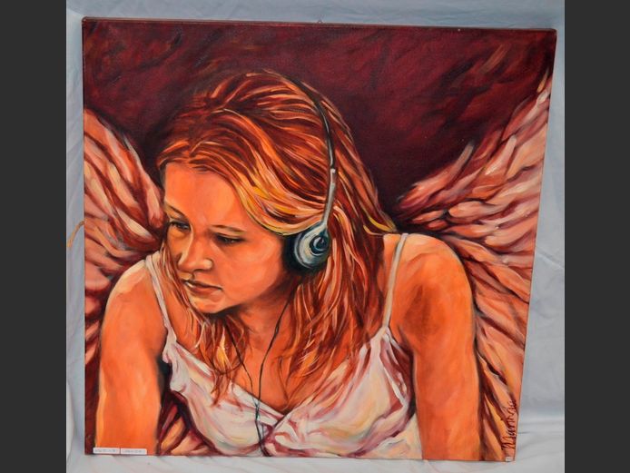 UNFRAMED OIL ON CANVAS "LADY WITH HEADPHONES" SIGNED MARINDA, 76 x 76cm