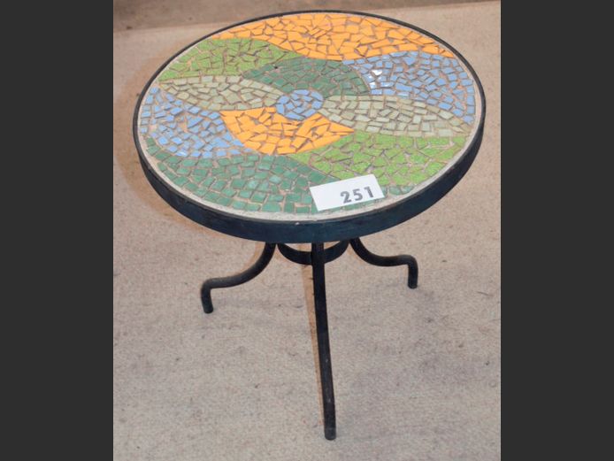 WROUGHT IRON MOSAIC TOP CIRCULAR SIDE TABLE, 42cm Diameter x 47cm high