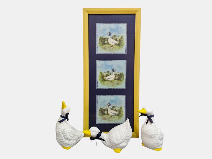 Charming Country-Style Ceramic Duck Set with Framed Wall Art