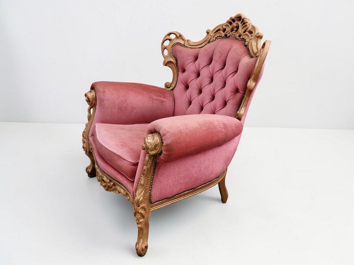 Ornate Gilded Rococo-Style Armchair in Rose Velvet