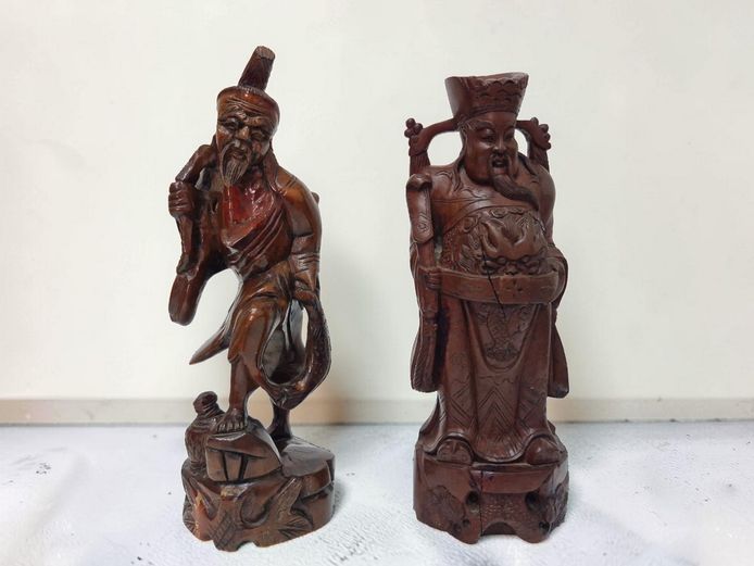 Pair of Vintage Hand-Carved Wooden Chinese Immortal Figurines