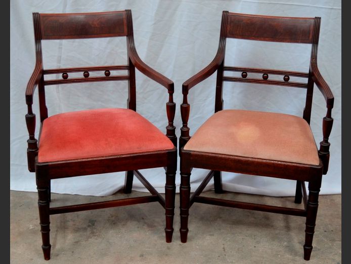 PAIR MAHOGANY CARVERS WITH PINK DRAYLON UPHOLSTERED SEATS