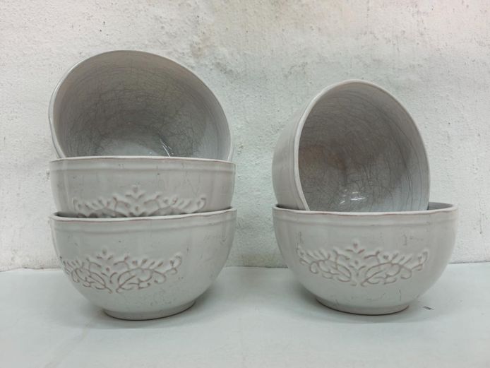 Set of 5 Crackle-Glazed Ceramic Bowls with Embossed Relief