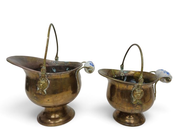 Pair of Vintage Dutch Brass & Copper Coal Scuttles with Delft Handles