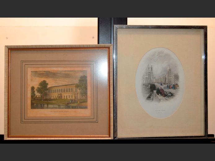 LOT OF 2 FRAMED VINTAGE PRINTS: "CUSTOM HOUSE" & "THE LIBRARY, TRINITY COLLEGE", 13 x 18cm & 16 x 12cm [Some foxing]