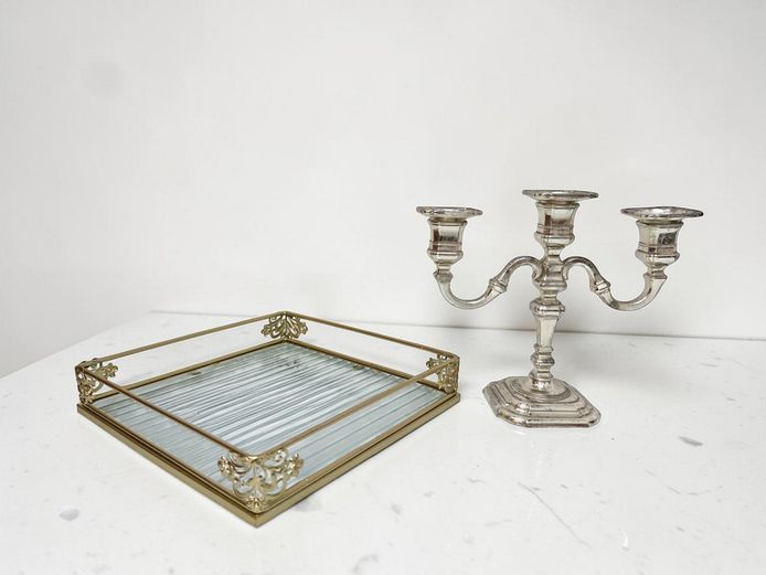 Vintage-Style Ribbed Glass Vanity Tray & Silverplated 3-Arm Candelabra