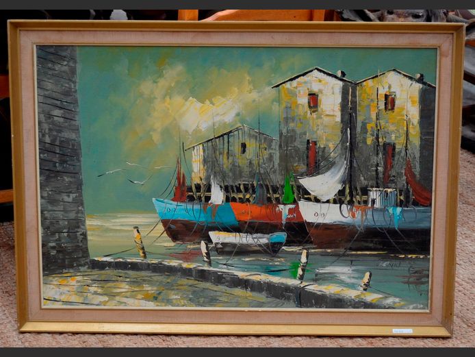 FRAMED OIL ON BOARD "HARBOUR SCENE", 90 x 61cm