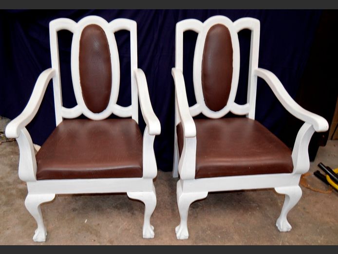 PAIR WHITE PAINTED ARMCHAIRS WITH BROWN VINYL SEATS
