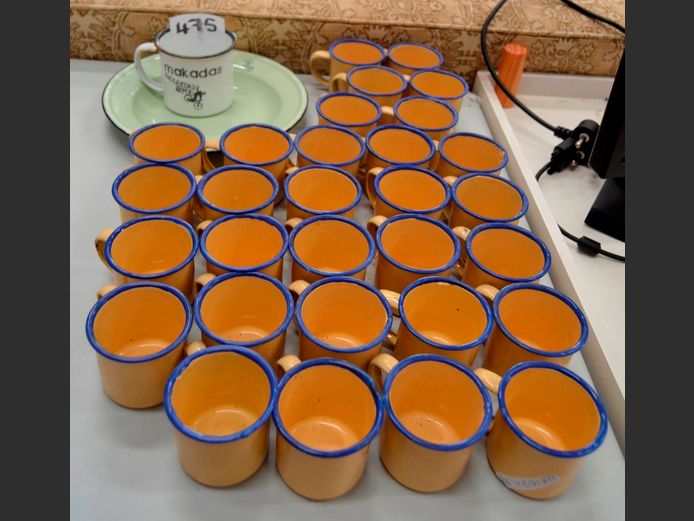 LARGE LOT: YELLOW ENAMEL MUGS, etc