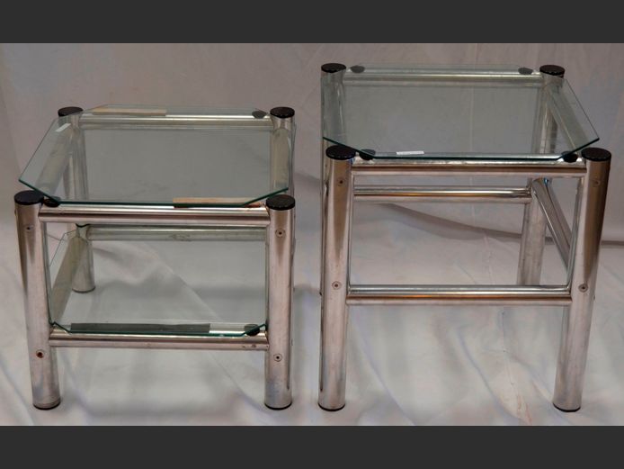 SET OF 2 CHROME & GLASS SIDE TABLES, 48 x 48 x 51 & 48 x 48 x 42cm