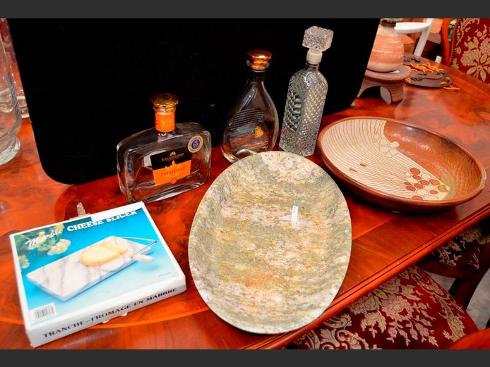 MARBLE PLATTER, SIGNED POTTERY BOWL, DECANTERS, etc