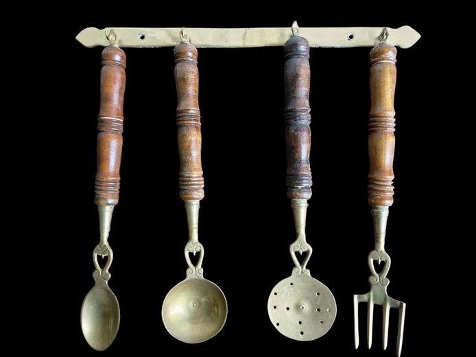 Vintage Brass Kitchen Utensils on Wall Mounted Rail