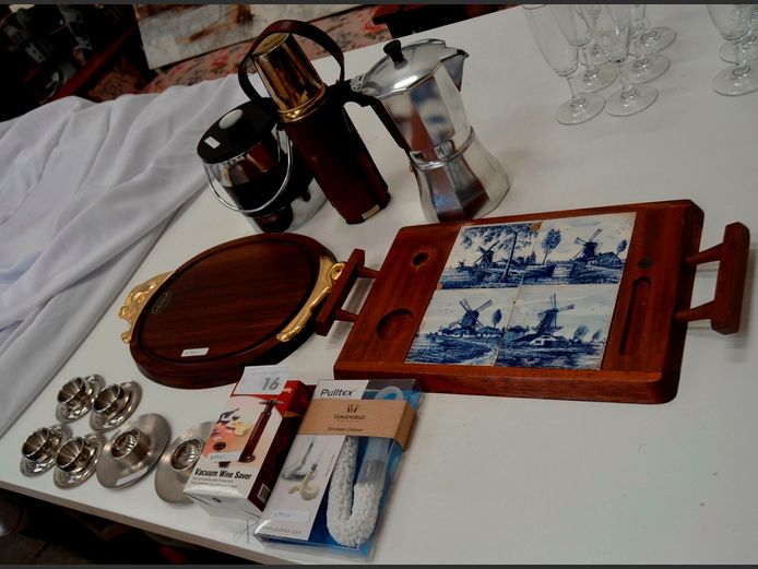 VINTAGE ESPRESSO MAKER, 24 CARAT GOLD PLATED & DARKWOOD TRAY, PULLTEX DECANTER CLEANER, EGG CUPS, etc