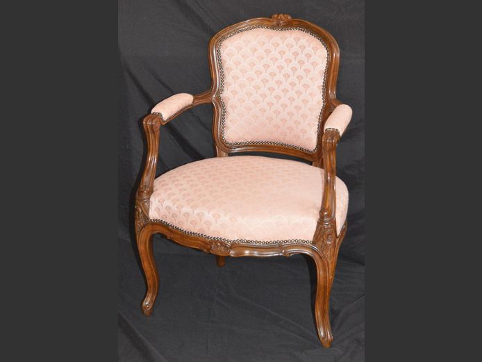 CARVED MAHOGANY & UPHOLSTERED ARMCHAIR