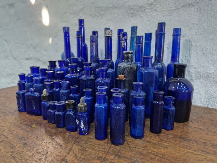 Large Collection of Vintage Cobalt Blue Apothecary Bottles