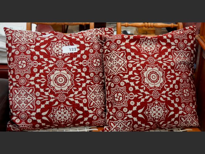 PAIR RED & WHITE SCATTER CUSHIONS, 55 x 55cm