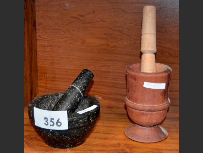 GRANITE MORTAR & PESTLE, 14.5cm Diameter x 7.5cm High, & A WOODEN MORTAR & PESTLE, 9.5cm Diameter x 14.5cm High