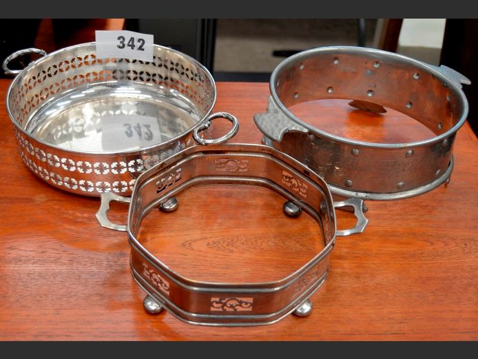 PEWTER CASSEROLE SLEEVE, SILVER PLATE PIERCED BOWL, etc