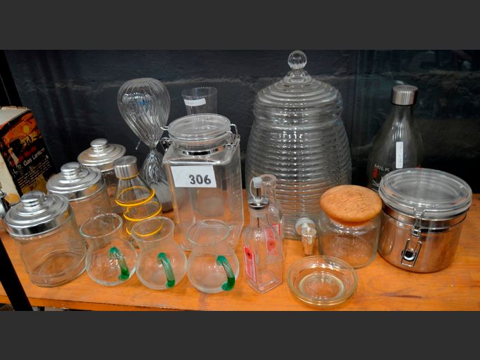 HOUR GLASS, JUICE DISPENSER, SMALL GLASS JUGS, etc