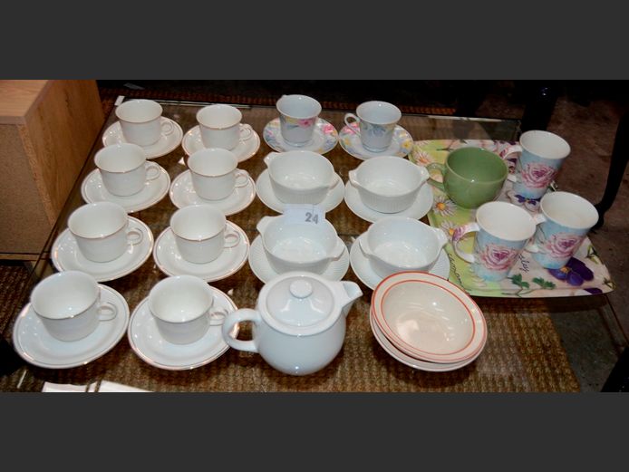 WHITE & GOLD RIMMED PART TEA SET, TEAPOT, MUGS, etc