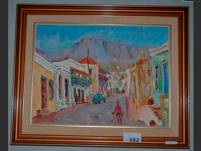 GILT FRAMED OIL ON BOARD "DISTRICT SIX" SIGNED ATTIE VISSER, 54 x 40cm