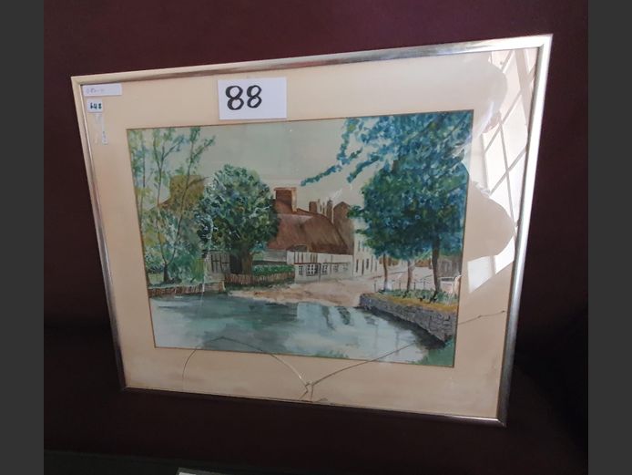 FRAMED WATERCOLOUR "COUNTRY HOUSE", 35 x 26cm [Glass cracked]