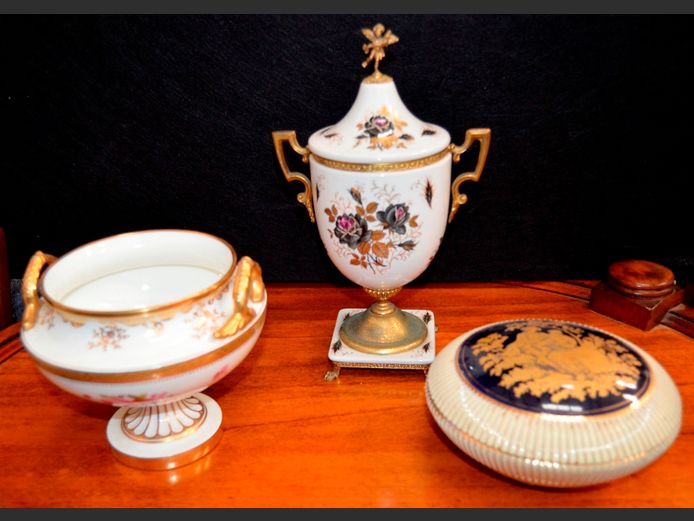 CAULDON, ENGLAND, PORCELAIN BOWL, BRASS & PORCELAIN URN WITH LID, etc