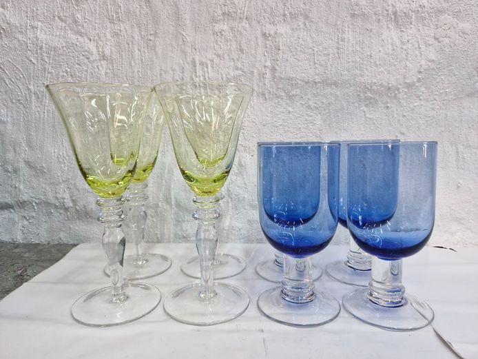 Mixed Coloured Stemmed Glassware Set Including Green Wine Glasses & Blue Goblets