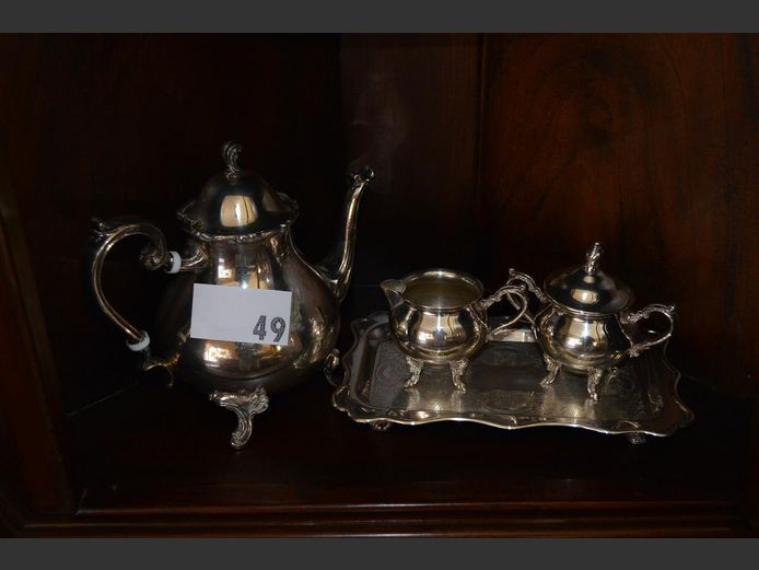 SILVER PLATE: TEAPOT, SUGAR BOWL, MILK JUG & SMALL TRAY
