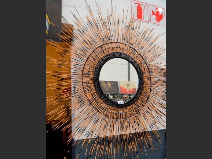 UNUSUAL METAL & WOOD CIRCULAR "QUILL" MIRROR, 180cm Diameter