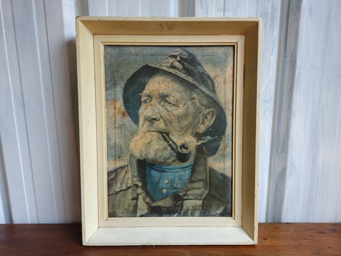 Vintage "The Old Fisherman" Textured Print on Framed Canvas