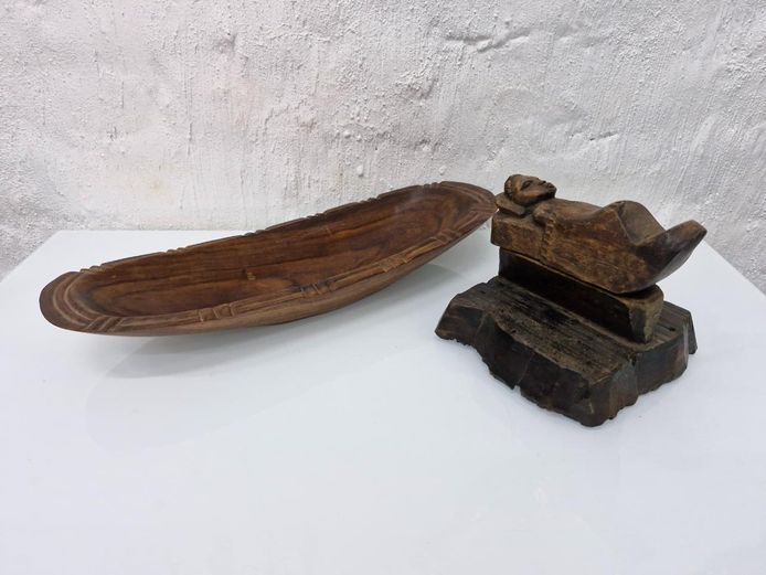 African Wood Carving Set - Elongated Platter & Reclining Figure Folk Art