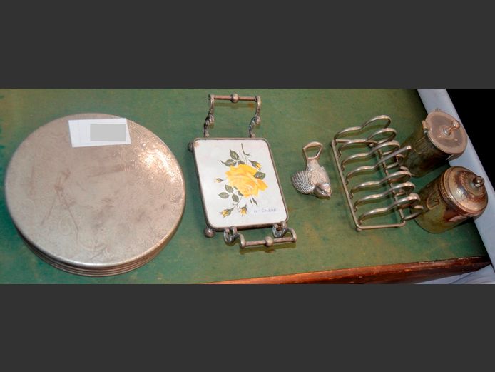 SILVER PLATE: SET OF 6 CIRCULAR PLACEMATS, TOAST RACK, JAM POT WITH LID, etc [46843-9]