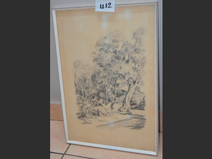 FRAMED & SIGNED PENCIL SKETCH "FOREST", 53 x 36cm