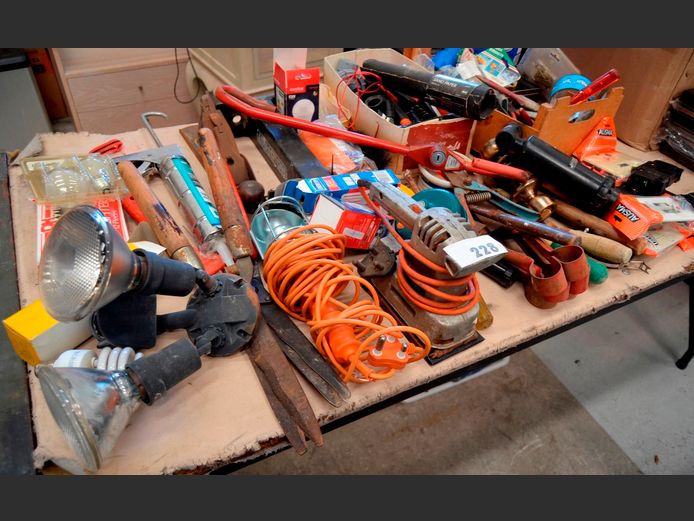 ASSORTED TOOLS, SANDER, JUMPER CABLES, etc