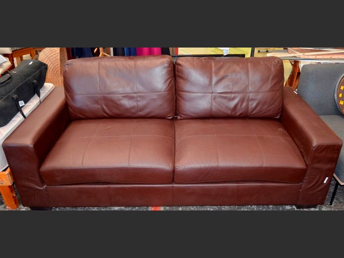 BROWN LEATHER TOUCH 2-SEATER COUCH, 205 x 90cm