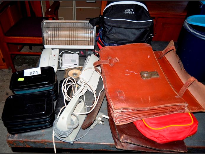 LEATHER SATCHEL, COOLER BAGS, 2-BAR HEATER, etc