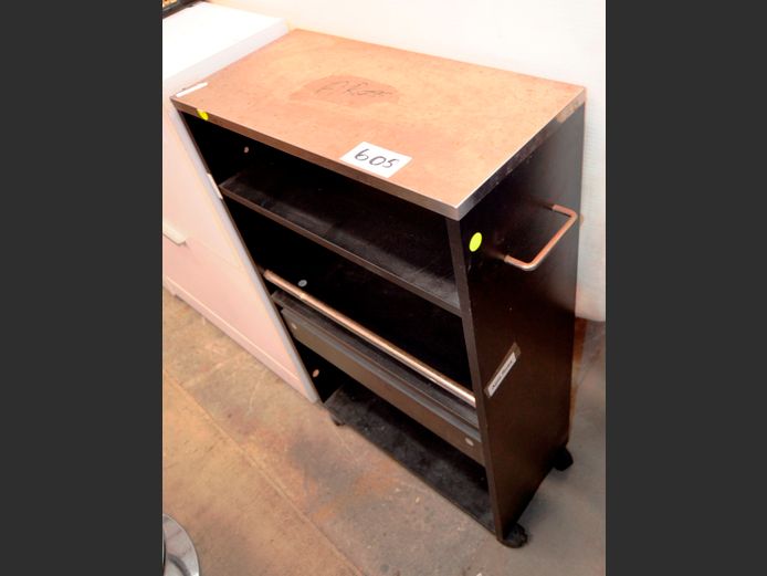 MAHOGANY FOIL 3-TIER SHELF ON CASTORS, 50 x 24 x 83cm