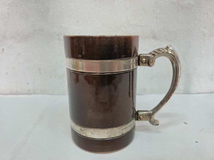 Vintage Seranco S.P.C. Ceramic Mug with Silverplated Accents