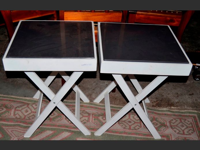 PAIR WHITE BUTLER'S TRAYS WITH BLACK FAUX MARBLE TOPS, 40 x 49 x 56cm