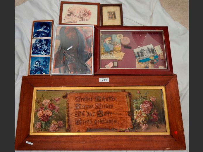 FRAMED OIL ON BOARD "FLOWERS", DUTCH TILES, etc