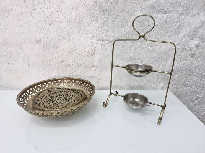 Brass Decor Lot: Pierced Filigree Bowl with Trivet & Ashtray Stand Set