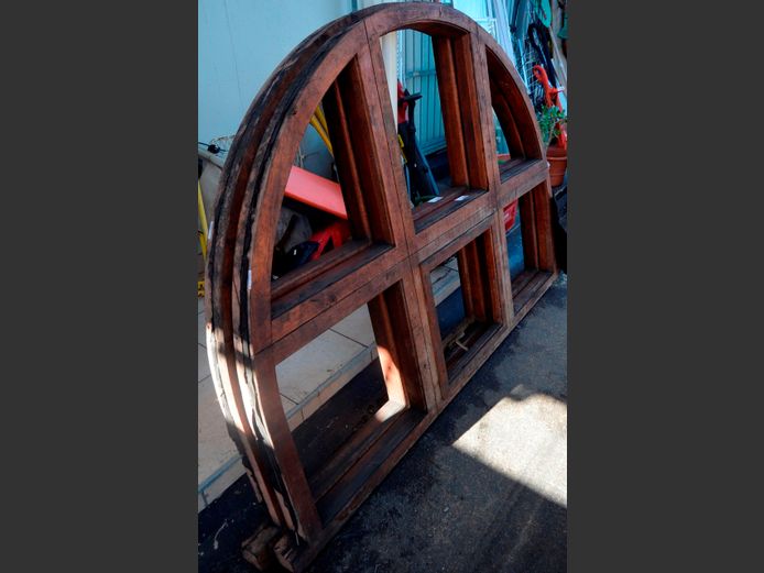 TEAK ARCHED WINDOW FRAME, 208 x 151cm